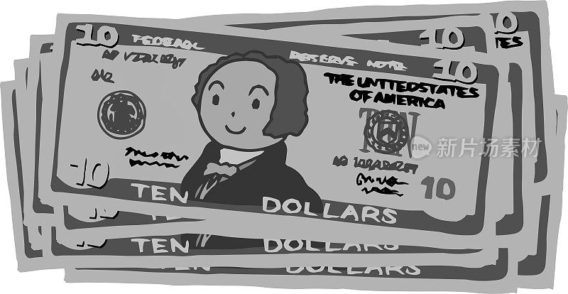 Monochrome Bunch of Cute hand-painted 10 US dollar banknote